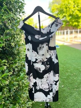 Quiz Elegant Black & White Floral Off-Shoulder Bodycon Dress, Size [S]